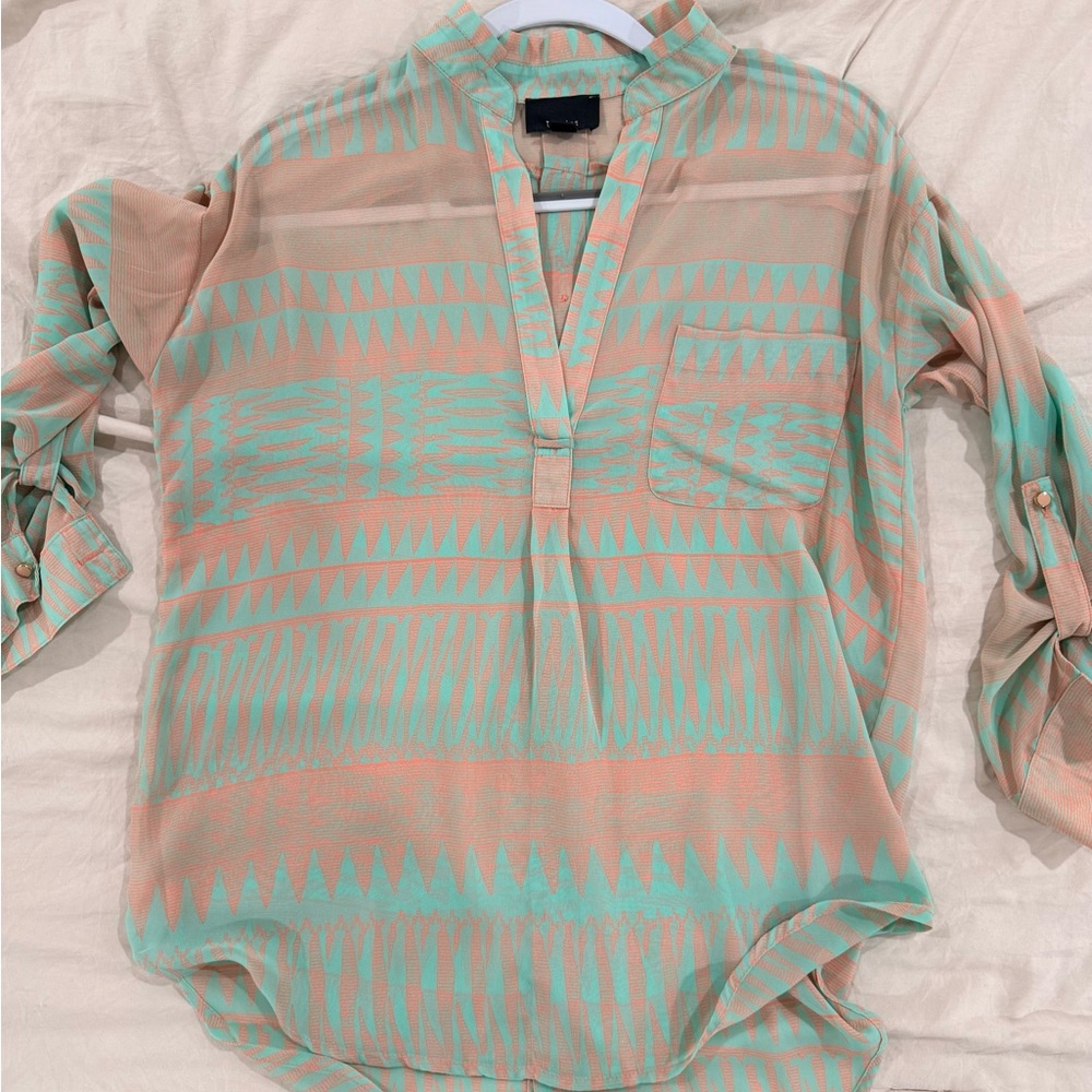 Lumiere Peach and Mint Geometric V-Neck Blouse